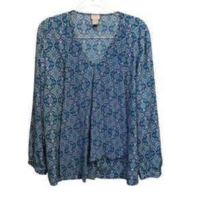 CHICO'S Dressy Top Size 3 US XL Blue Print Long Sleeve Blouse Career Office Work